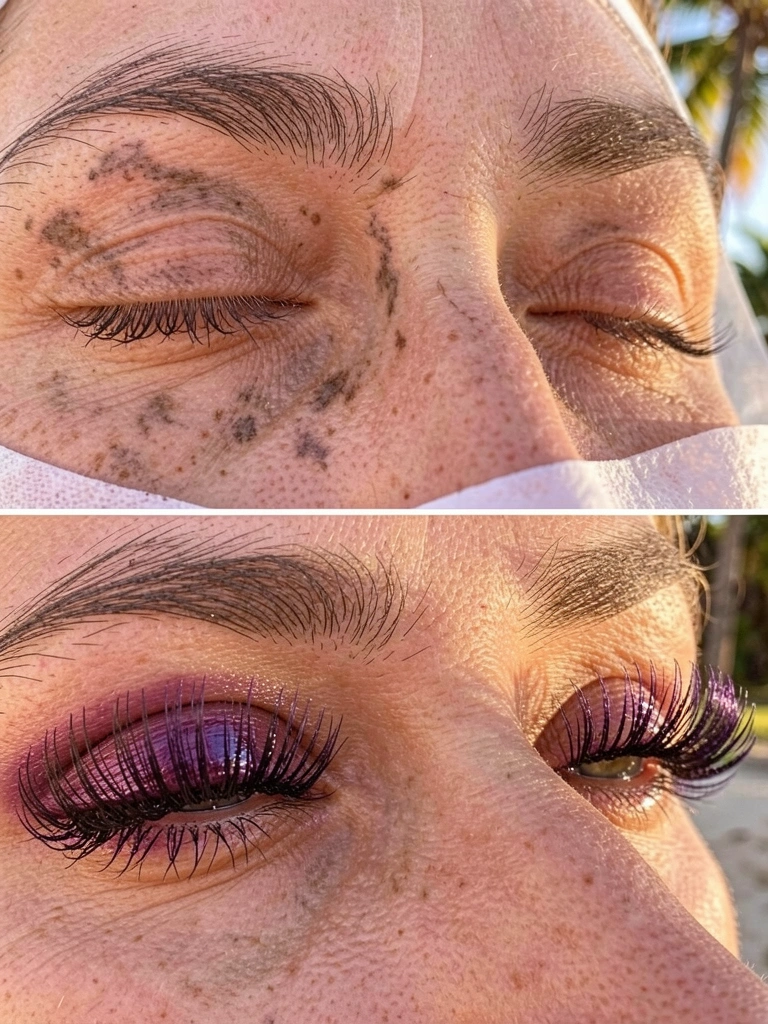 Close-up de dois pares de olhos: um natural com linhas finas e olheiras, outro com cílios postiços volumosos e longos, rímel roxo escuro brilhante, luz natural com sombras suaves.