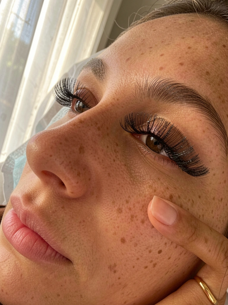Close-up de rosto feminino com cílios postiços volumosos, pele com sardas e lábios rosados, luz natural difusa.