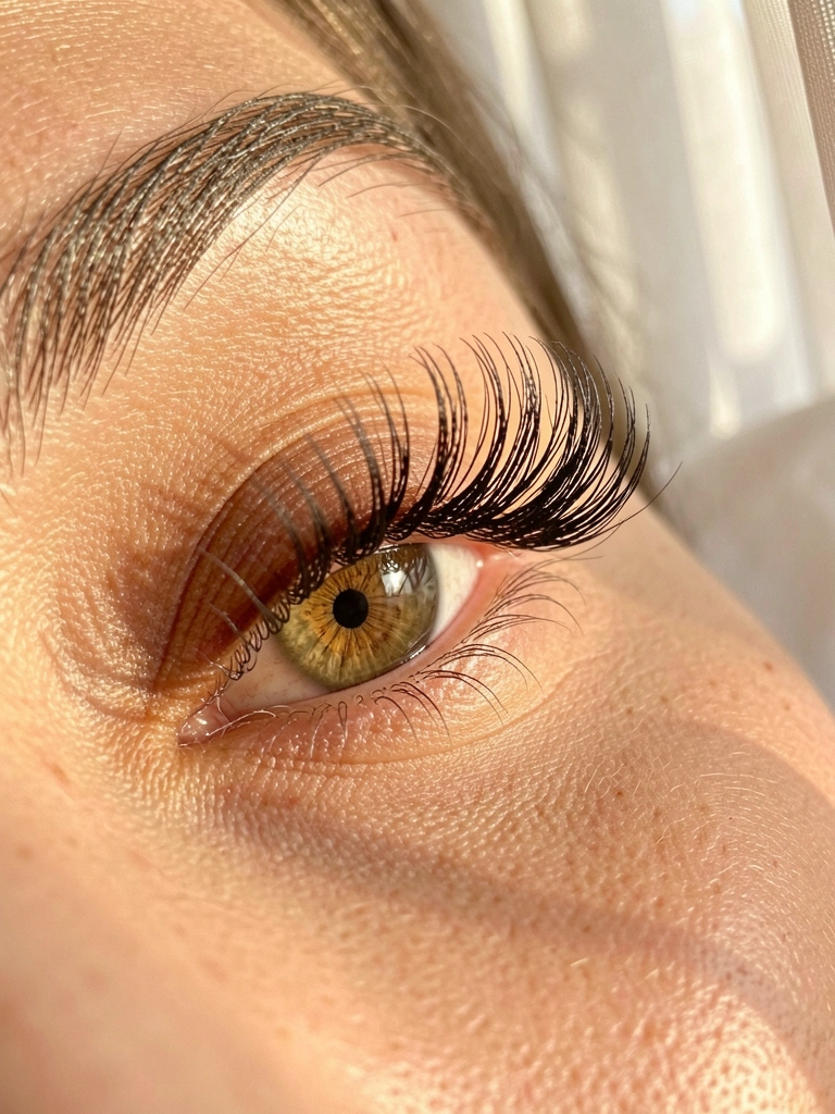 Close-up de olho feminino com cílios longos e escuros, íris avelã com reflexo, pele bege natural e luz difusa filtrada por cortina ao fundo.