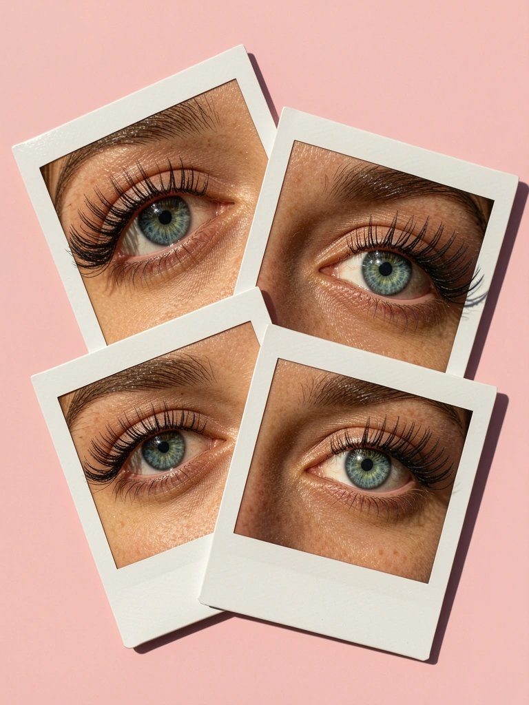 Quatro fotos Polaroid sobrepostas em fundo rosa suave, com close dos olhos azul-esverdeados de uma mulher, cílios longos e volumosos, luz natural e sombras suaves.