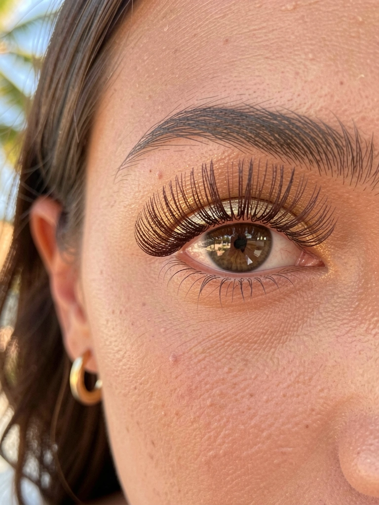 Olhos femininos com cílios escuros e volumosos, sombra dourada cintilante, brinco de ouro delicado e fundo desfocado com luz natural.