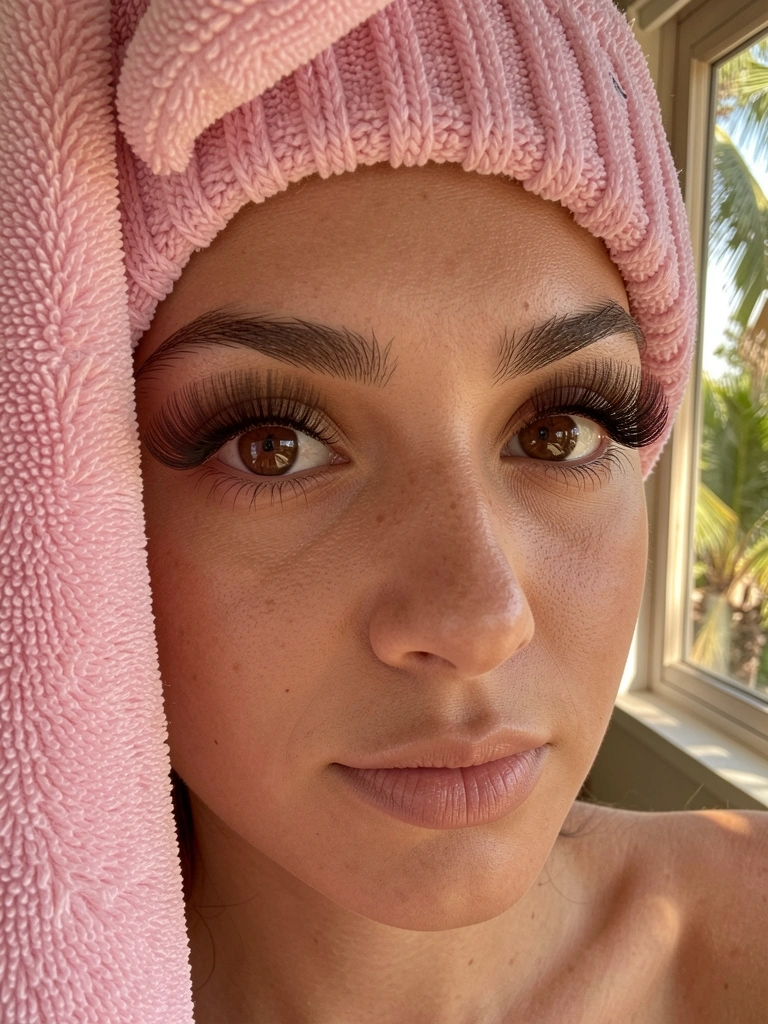 Jovem com gorro de tricô rosa, toalha felpuda clara na cabeça e cílios postiços volumosos, iluminação natural quente.
