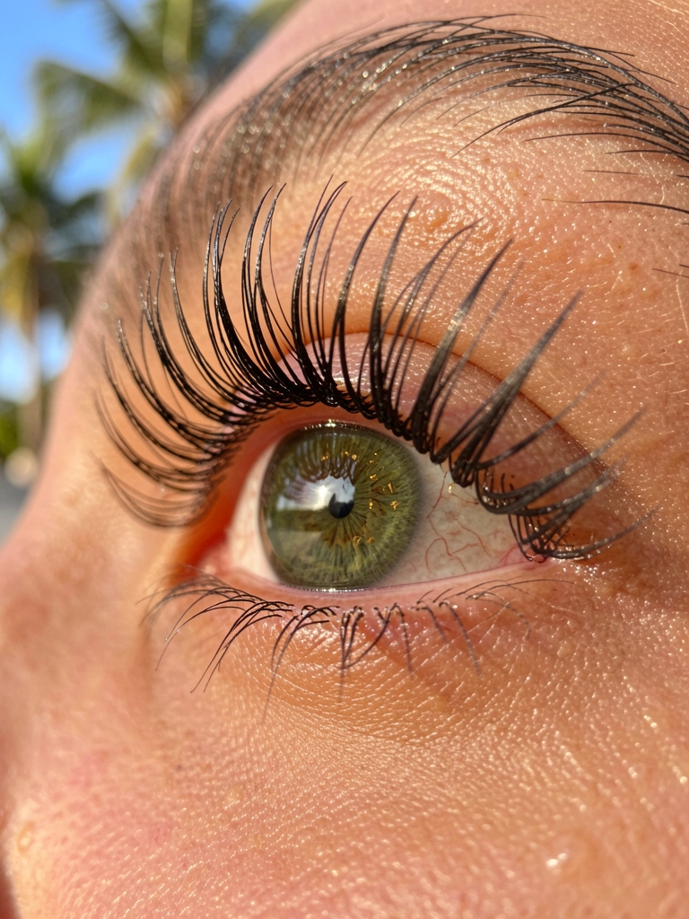 Olho humano com íris verde e cílios postiços longos e dramáticos, iluminado por luz natural suave, detalhes das fibras e reflexo úmido.