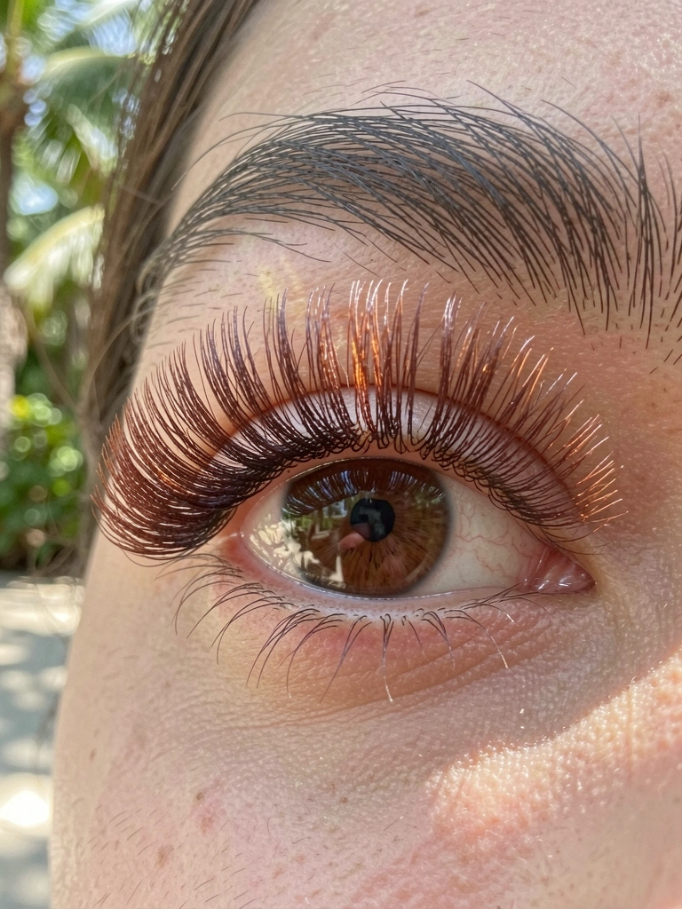 Close-up de olho feminino com cílios postiços marrom-escuros volumosos, íris castanha e contato circular, luz natural difusa e fundo tropical desfocado.