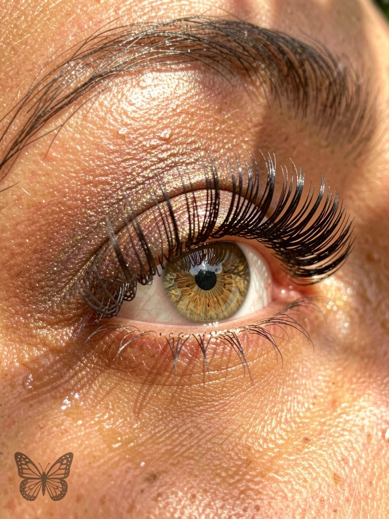 Olho feminino com cílios longos e escuros, sombra iridescente e lente de contato clara, luz natural filtrada por folhas.