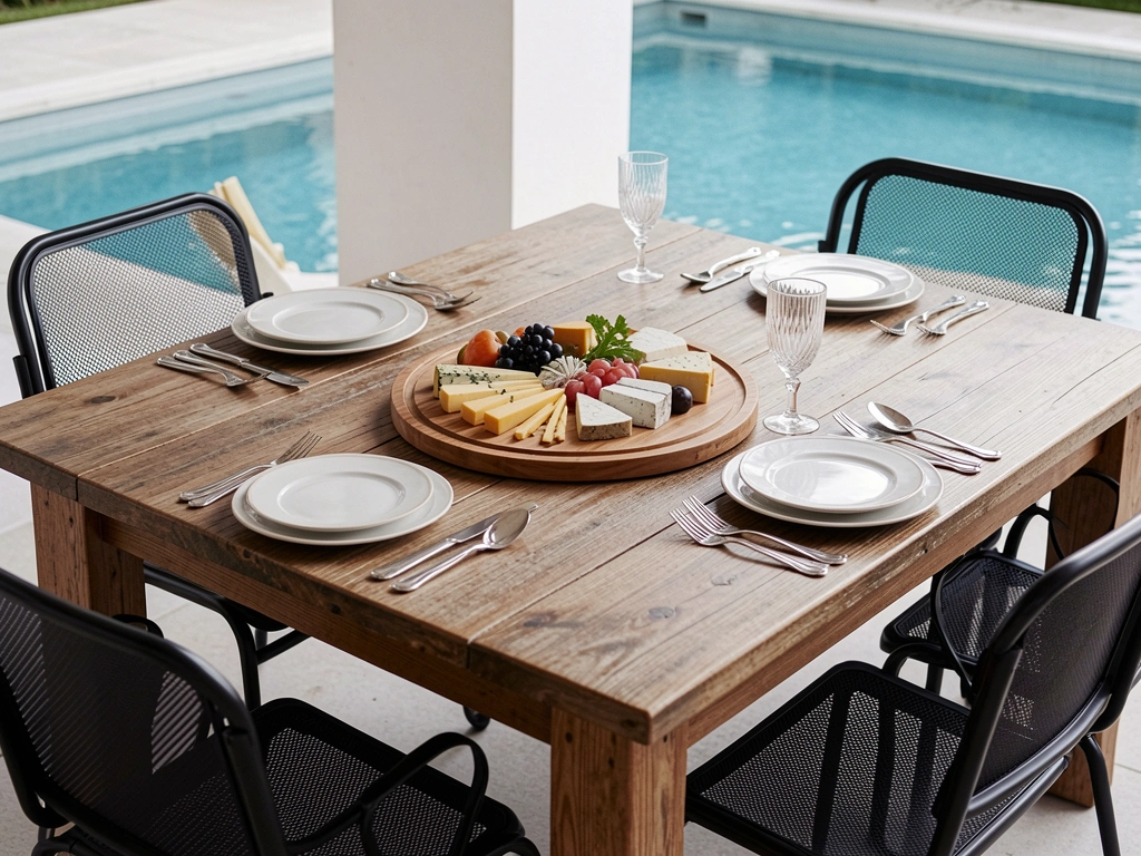 Mesa de madeira com bandeja giratória circular, cadeiras pretas de metal com encosto de tela, piscina ao fundo atrás de pilar branco, iluminação natural suave destacando texturas.