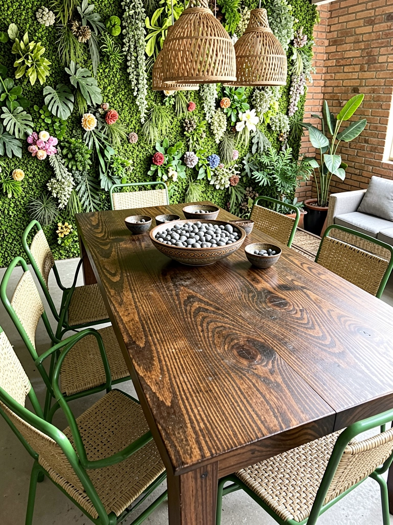 Mesa retangular de madeira escura com cadeiras verdes metálicas e cestos de fios pendentes sobre fundo de parede verde com plantas.