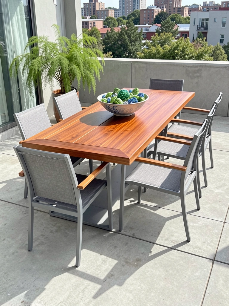 Mesa de madeira marrom-avermelhada em pátio de concreto, cadeiras de metal cinza com assento trançado, tigela decorativa verde e azul, vaso de folhagem penugenta ao lado e prédios ao fundo sob luz natural.