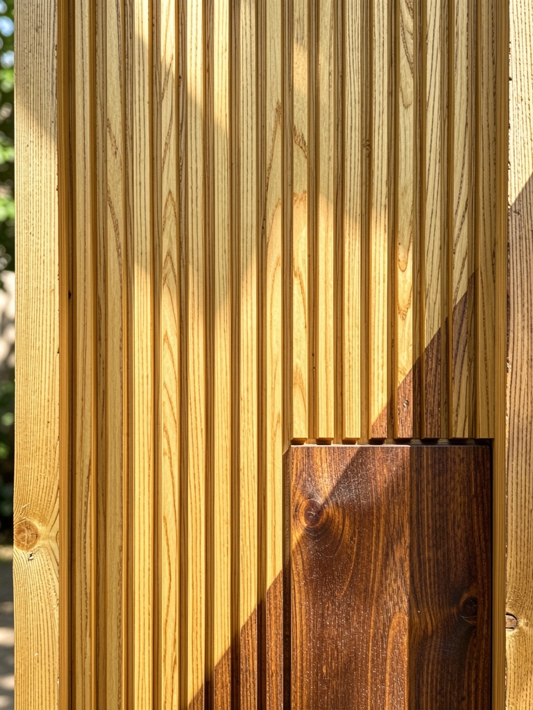 Porta de madeira com ripas verticais em tom claro e painel marrom escuro, luz natural realça texturas e veios.
