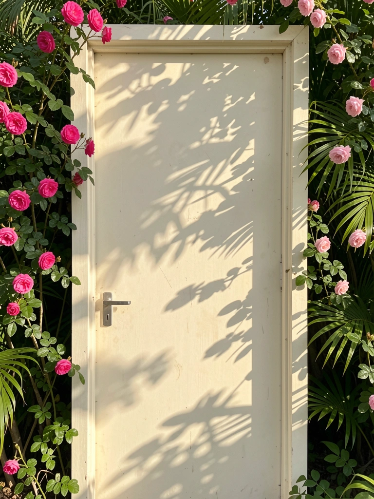 Porta de madeira pintada de off-white com puxador de metal escovado, manchada por sombras de folhas tropicais e rosas cor-de-rosa ao fundo.