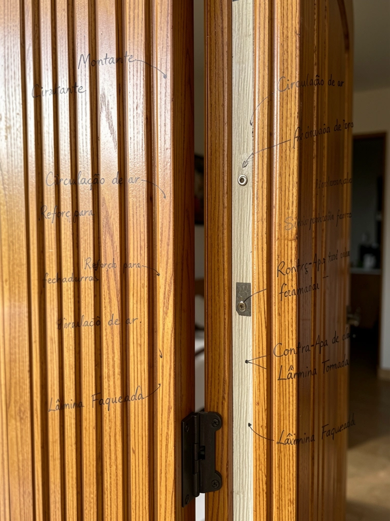 Detalhe de porta de madeira com ranhuras verticais, parcialmente aberta, com anotações manuscritas sobre a superfície, iluminada por luz natural.