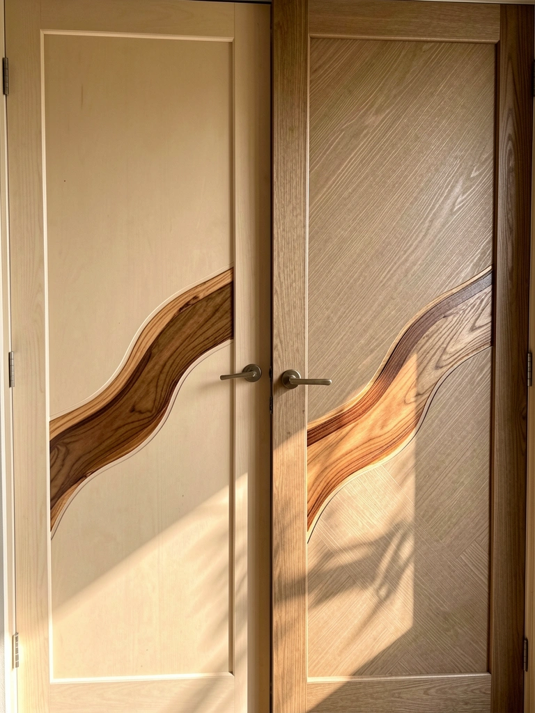 Duas portas de madeira com acabamento bege e padrões ondulados e diagonais em marrom escuro, luz natural filtrada destacando a textura do pinho.