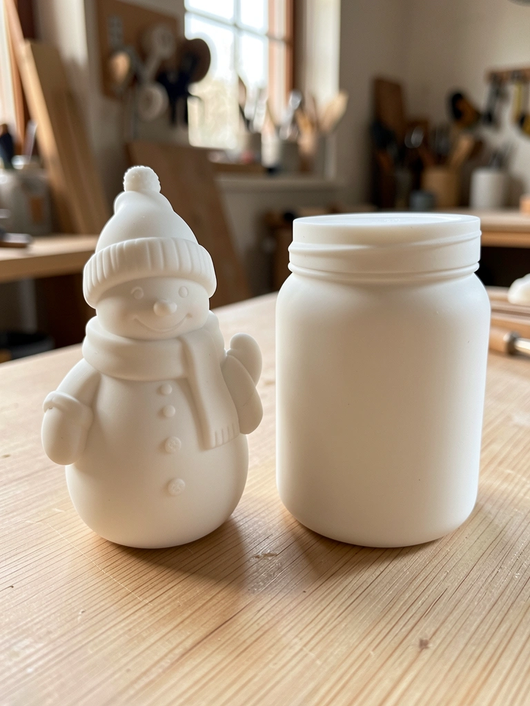 Luz natural difusa sobre dois moldes de silicone branco em superfície de madeira clara: um boneco de neve com chapéu, cachecol e luvas, e um pote cilíndrico liso, detalhes artesanais em foco.