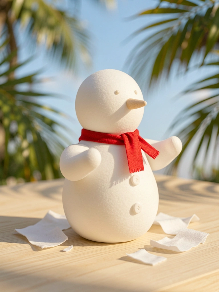 Boneco de neve branco de ninho sobre madeira clara, com tecidos e cachecol vermelho, luz natural suave e folhas de palmeira ao fundo.