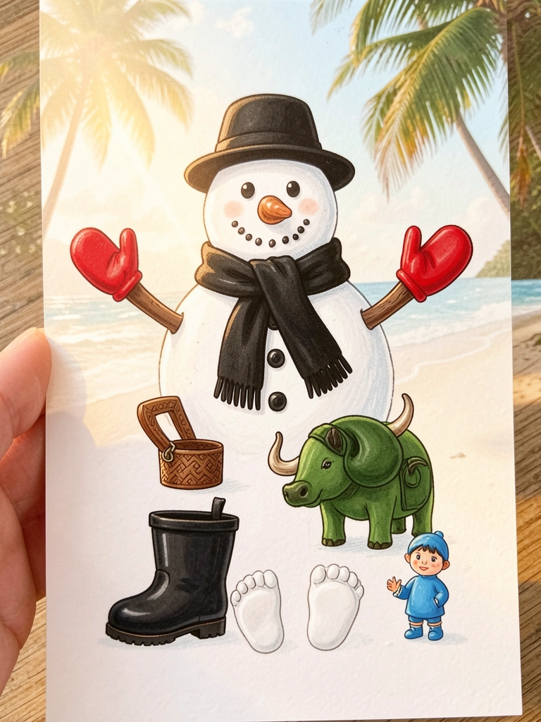 Corpo branco de boneco de neve com chapéu preto, cachecol listrado, luva vermelha, nariz marrom e botas pretas sobre fundo claro.