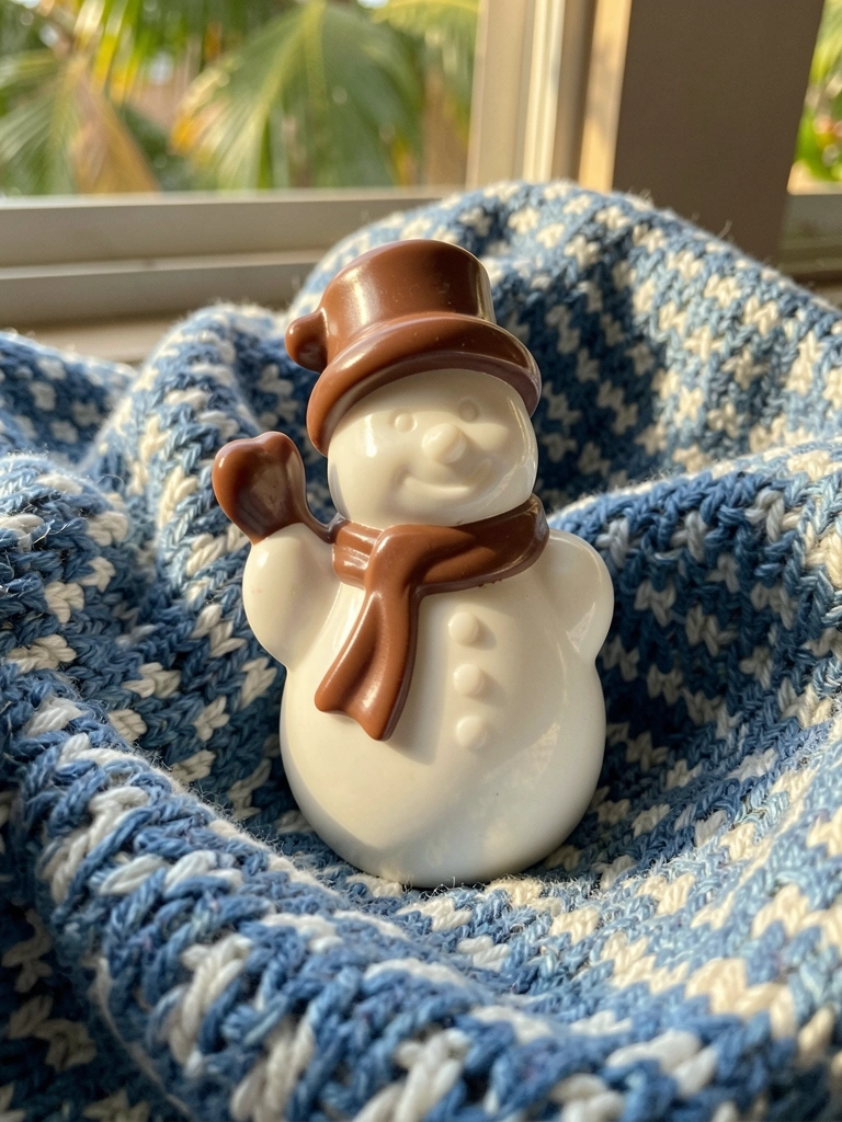 Molde de silicone de boneco de neve com chapéu e cachecol marrom sobre manta azul e branca texturizada, luz natural suave e fundo desfocado.