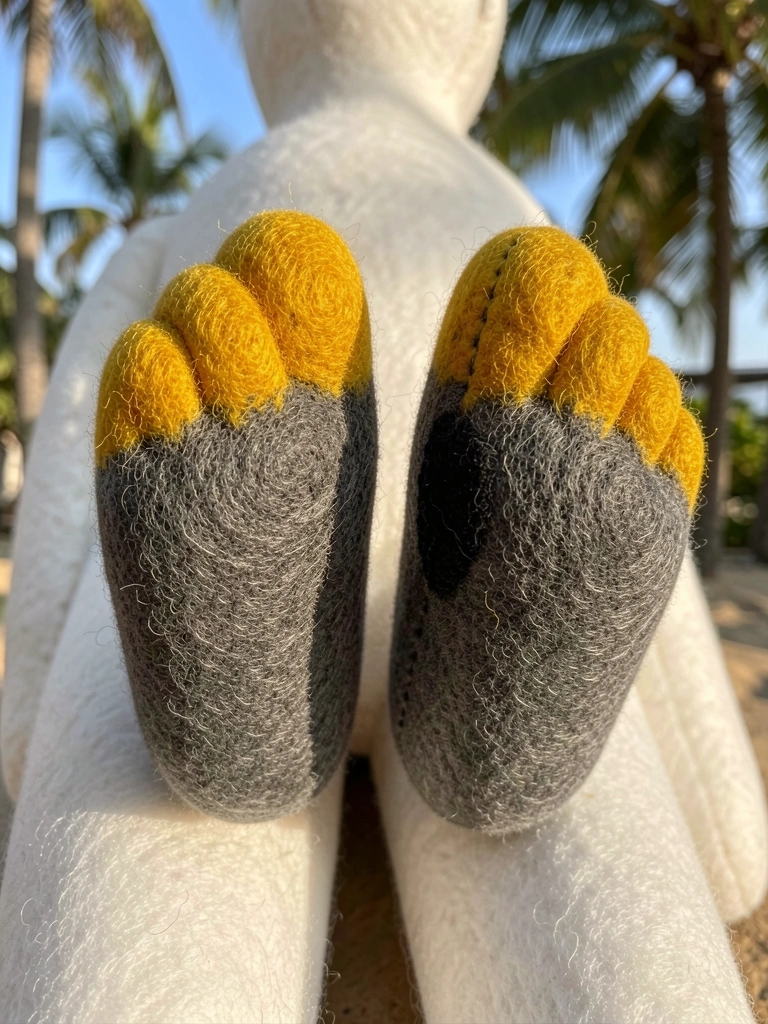 Close-up de dois pés de feltro, um 2x maior que o outro, base cinza escuro e ponta amarelo-ouro, costura à mostra com retalho preto, corpo branco maior ao fundo, luz natural tropical.