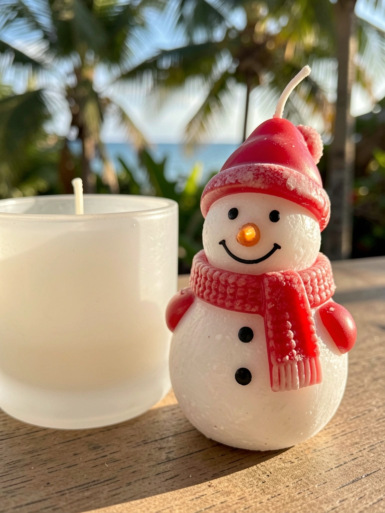 Vela de neve vermelha e branca com rosto sorridente e chapéu vermelho ao lado de um castiçal translúcido, luz natural suave de fundo.