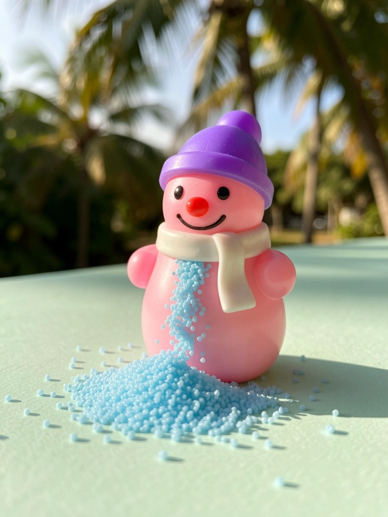 Boneco de neve de plástico rosa com chapéu roxo e cachecol branco derrama confeitos azuis sobre superfície verde menta, luz natural e fundo desfocado.