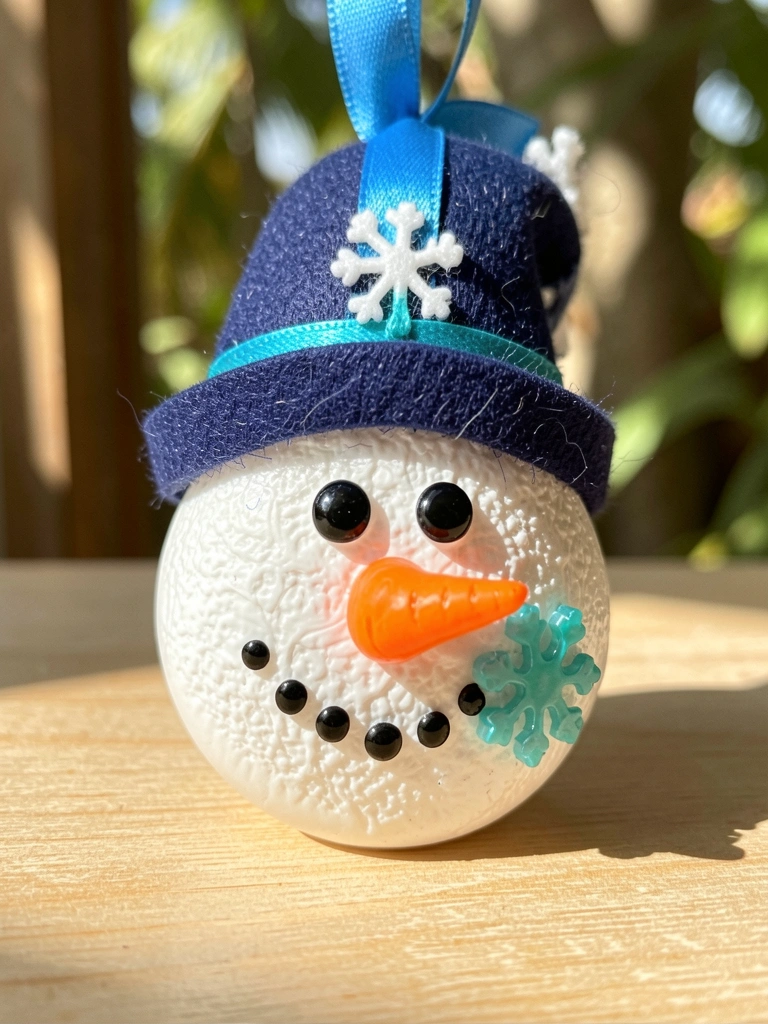 Enfeite de resina artesanal em forma de boneco de neve com nariz de cenoura, botões pretos e laço azul, sobre madeira clara com luz natural difusa.