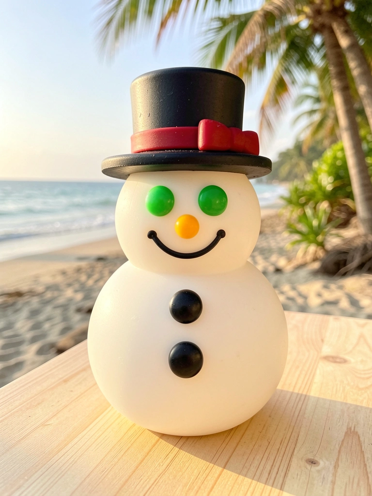 Sabonete em formato de boneco de neve com cartola preta e laço vermelho, olhos e sorriso verdes, sobre madeira clara com luz natural.