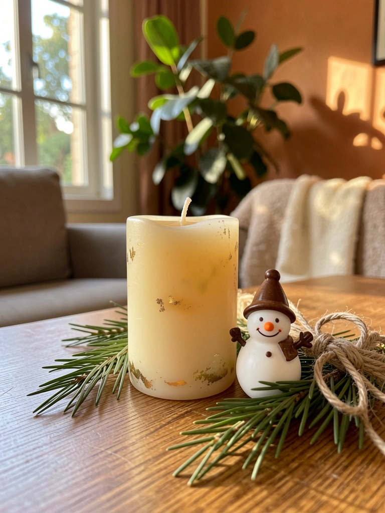 Vela decorativa branca com detalhes dourados e boneco de neve de enfeite sobre mesa de madeira, com agulhas de pinheiro e barbante ao lado, luz natural difusa ao fundo.