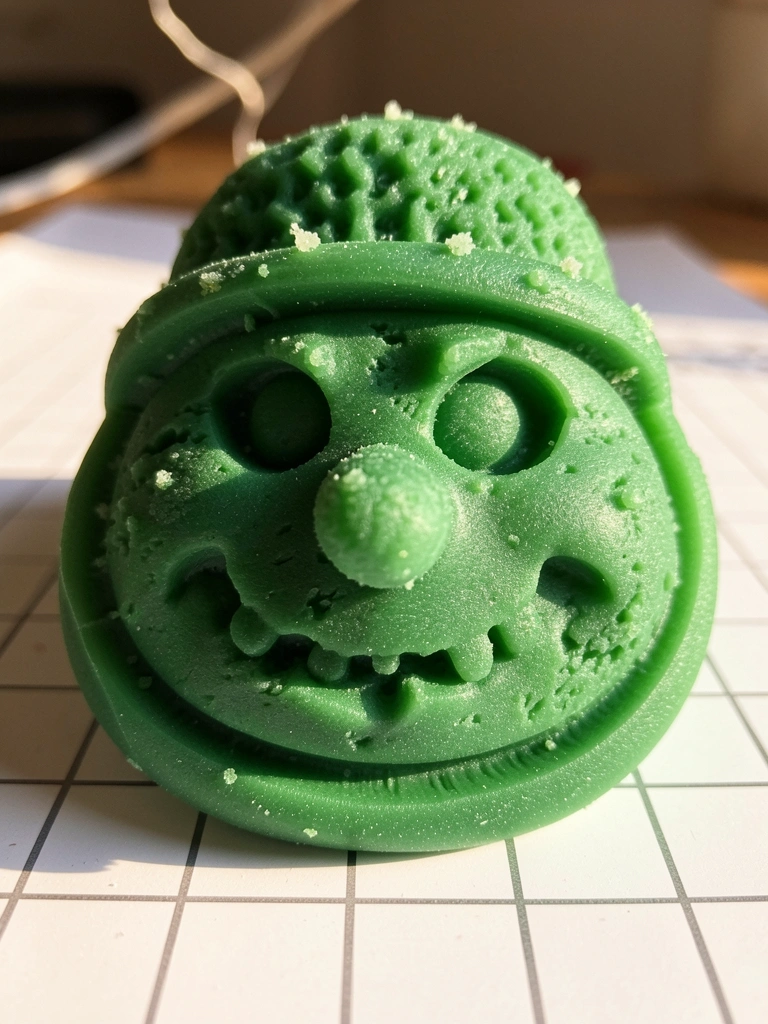 Molde de silicone verde de cabeça de boneco de neve, com detalhes de olhos e boca, sobre grade branca, iluminado por luz natural.