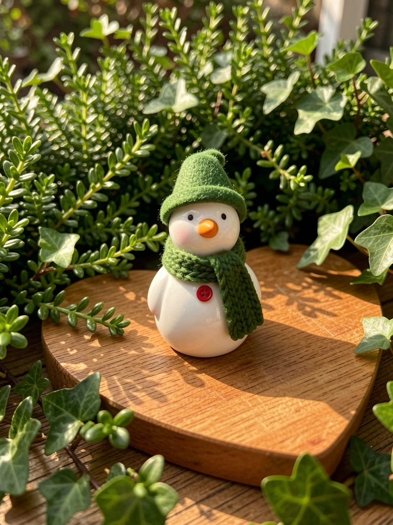Mini boneco de neve de cerâmica com chapéu verde e cachecol, em tábua de cortar em formato de coração, cercado por folhagens verdes ao ar livre.