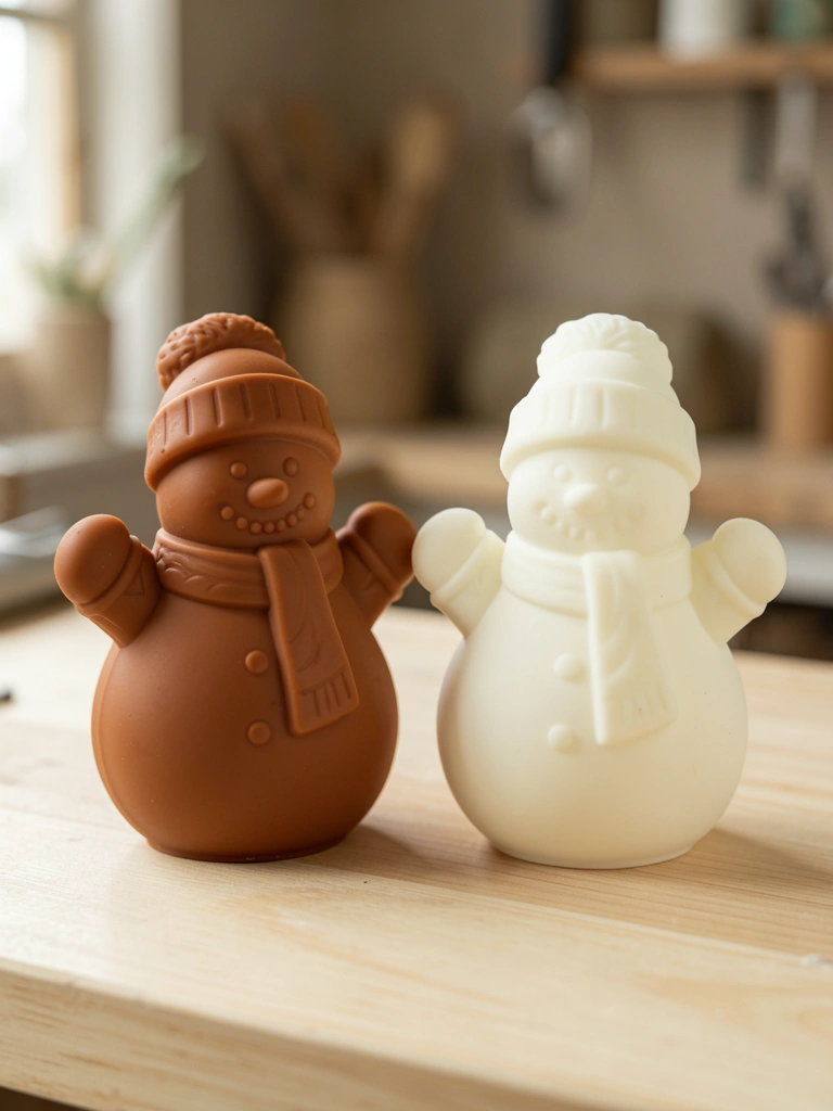 Dois moldes de silicone de bonecos de neve, um marrom e um branco, lado a lado sobre superfície de madeira clara, com luz natural suave e fundo levemente desfocado.