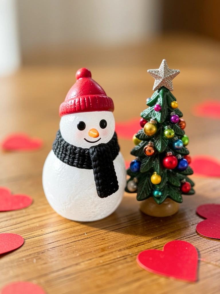 Boneco de neve de resina branca com cachecol preto e gorro vermelho ao lado de mini árvore de Natal sobre mesa de madeira, luz natural suave.