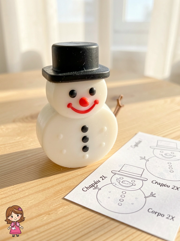 Sabonete decorativo em forma de boneco de neve branco com cartola preta e sorriso vermelho, sobre superfície de madeira clara, com moldes de papel ao lado e luz natural suave.