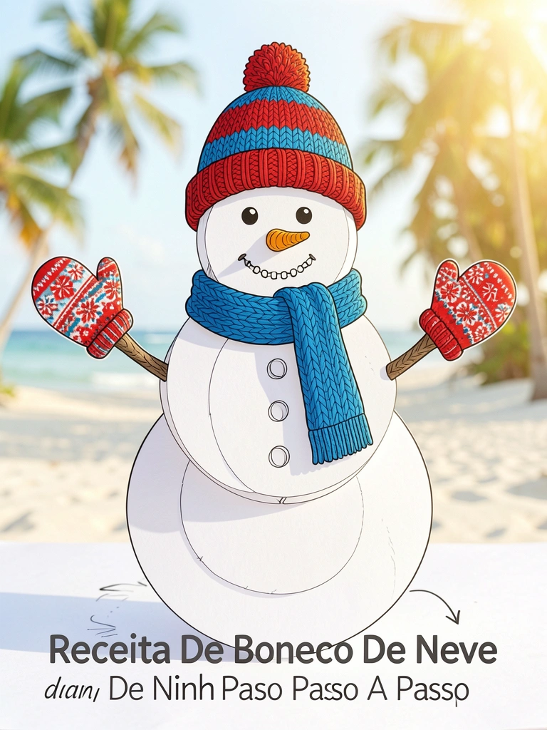 Boneco de neve de papel branco com gorro listrado vermelho e azul, cachecol azul e mãos de luva, sobre fundo claro ensolarado.