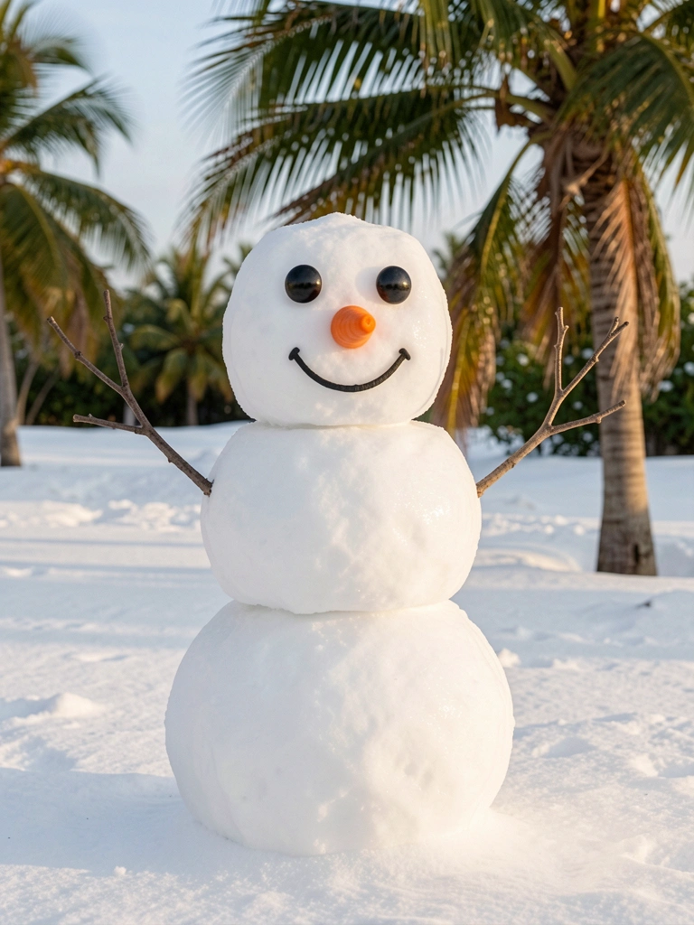 Boneco de neve de blocos brancos com olhos pretos, nariz de cenoura laranja e braços de galhos, palmeira ao fundo com luz difusa.