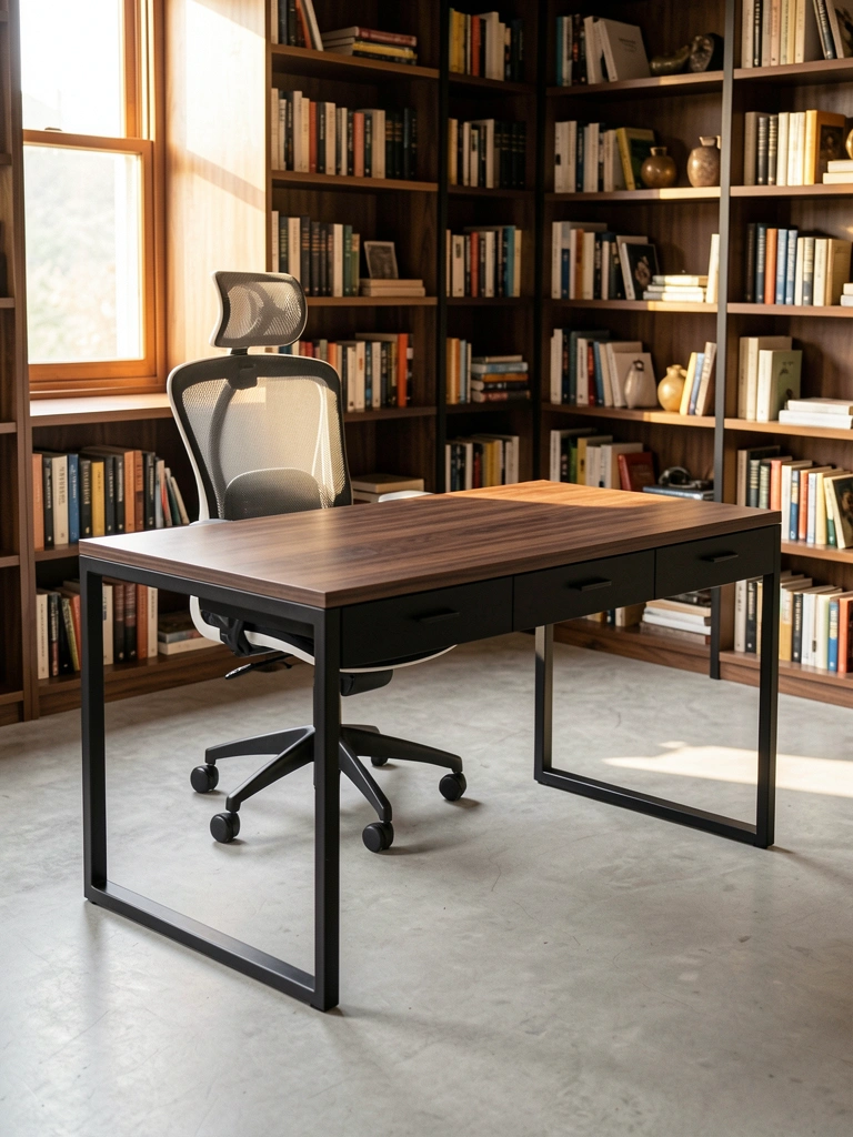 Mesa de escritório de madeira escura e metal preto com três gavetas, cadeira ergonômica preta e branca, estantes cheias de livros e luz natural entrando por uma janela.