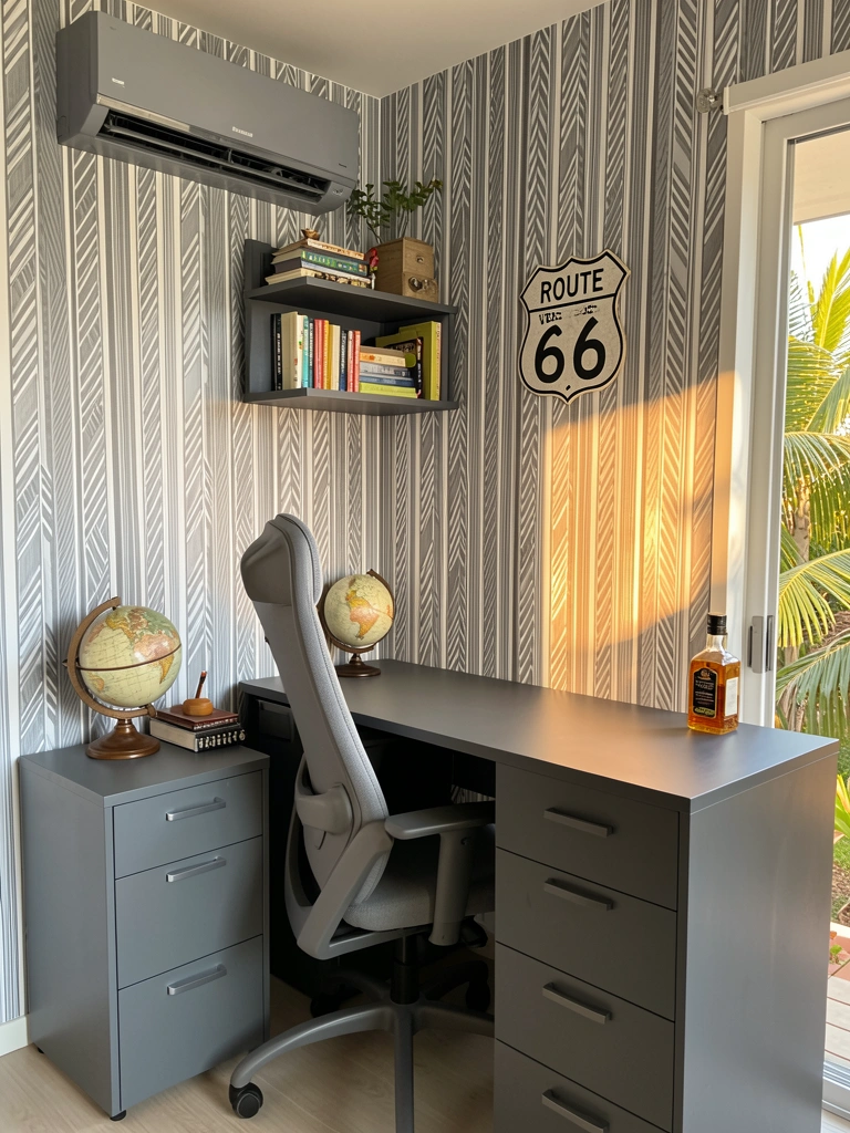 Escritório com mesa cinza escuro, cadeira ergonômica, papelaria geométrica cinza e branca, globo e placa Route 66, luz natural quente.