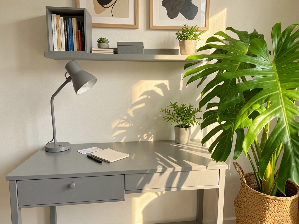 Mesa de trabalho cinza com gaveta, luminária, bloco de notas e cartão de visita; vaso de planta verde em cesto trançado à direita; prateleira com livros e moldura abstrata ao fundo.