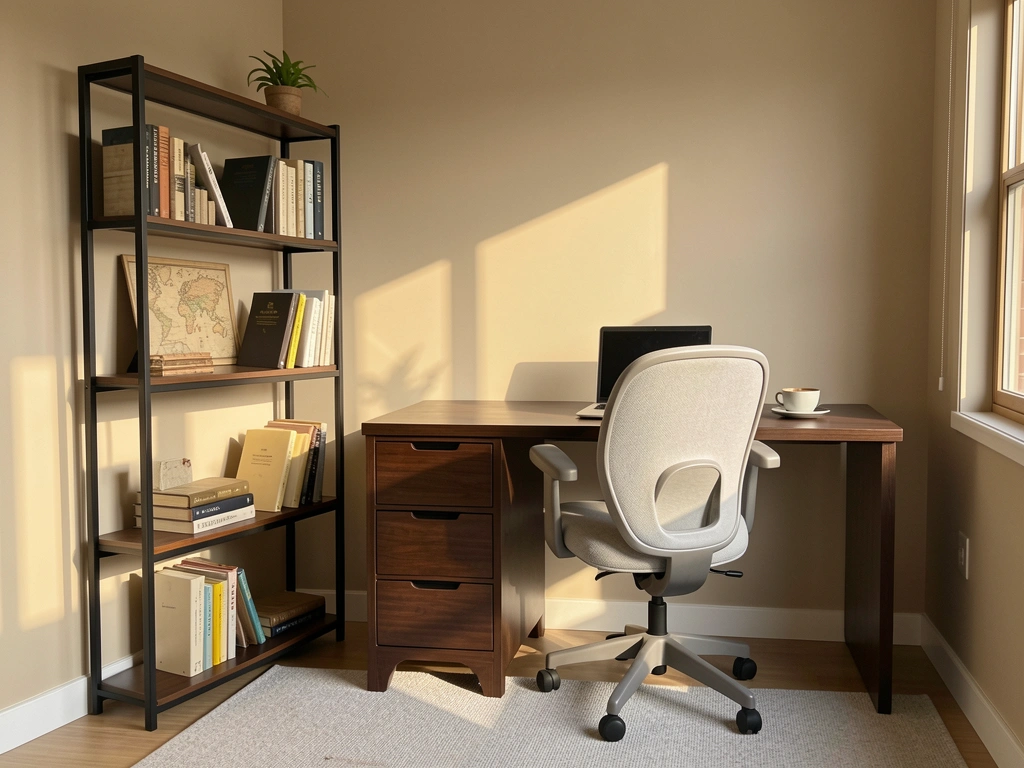 Mesa de madeira escura com laptop e xícara de café, cadeira ergonômica cinza e estante alta de metal e madeira com livros e mapa decorativo, luz natural entrando pela janela.