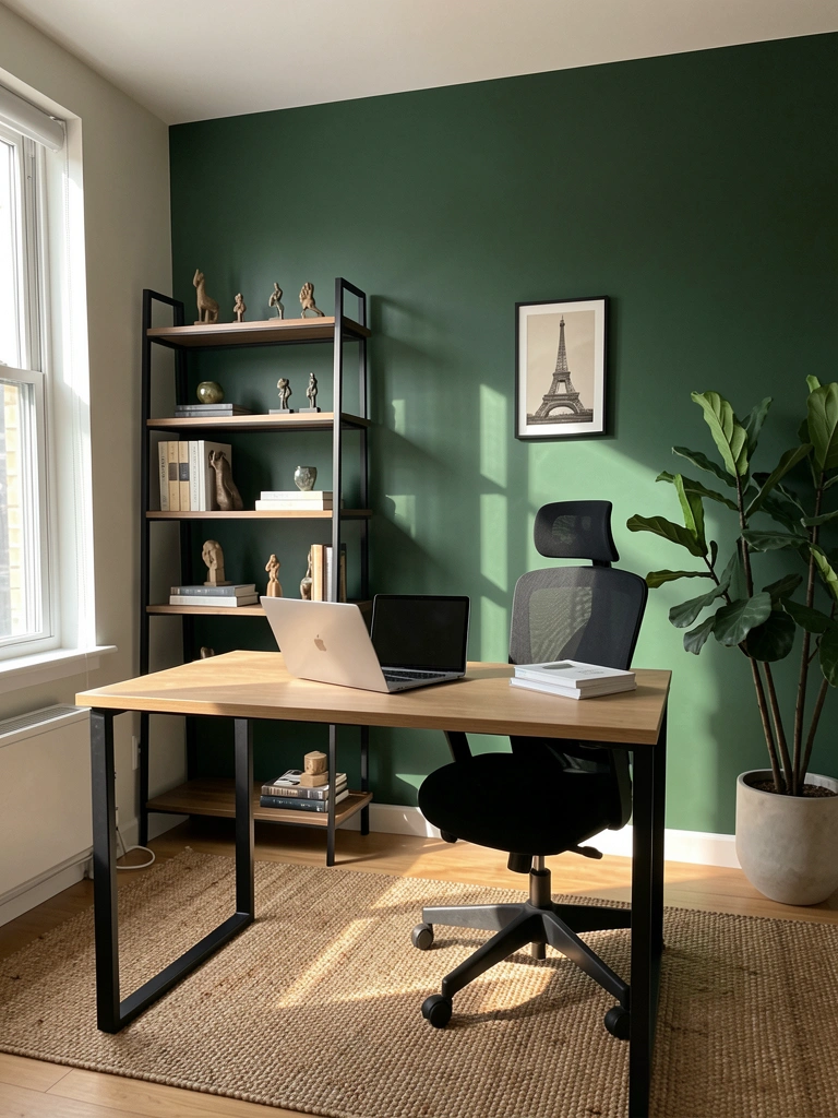 Parede verde-escura com mesa clara, laptop, livros e vaso de planta; estante preta com objetos e gravura da Torre Eiffel, luz natural.