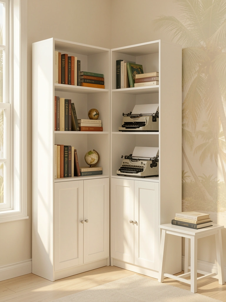 Estante modular branca com livros, globo e impressora vintage; mesa lateral com pilha de livros; luz natural e textura sutil ao fundo.