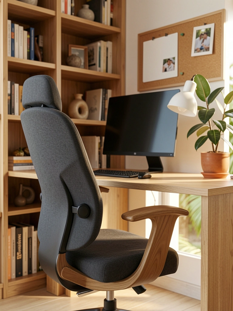 Ficus em vaso ao lado de monitor preto sobre mesa de carvalho claro, cadeira ergonômica cinza escuro e estante com livros ao fundo.