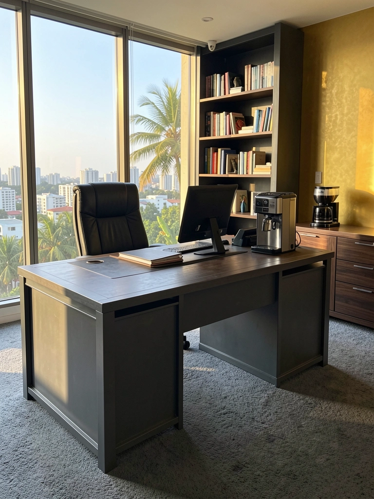Mesa executiva cinza escuro com cadeira de couro preta, monitor sobre madeira, estante cheia de livros e máquina de café, janela ampla com vista da cidade ao fundo, parede dourada e carpete cinza.