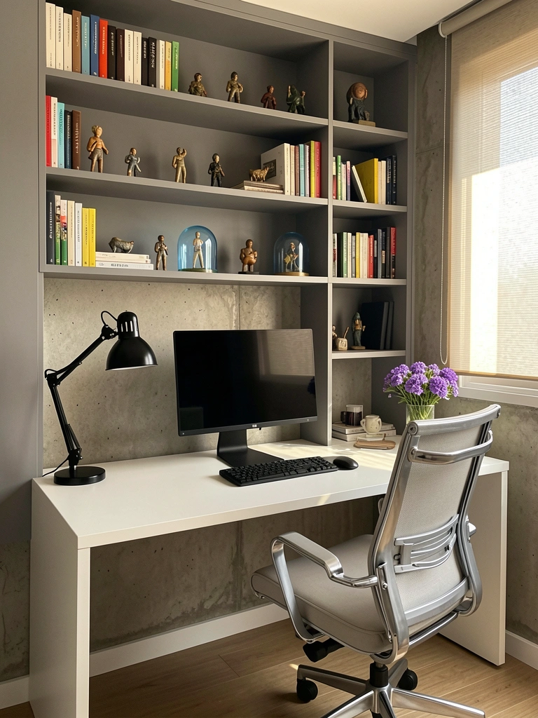 Mesa branca com cadeira prateada ergonômica, monitor preto e buquê de flores roxas, estante cinza com livros e objetos decorativos, janela com persianas e parede de concreto texturizado.
