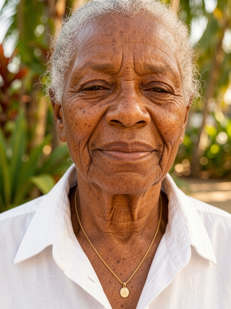 Close-up de uma idosa negra com rugas profundas, colar de ouro fino e camisa branca, luz natural suave e fundo verde desfocado.