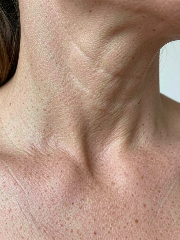 Close extremo do pescoço de uma mulher, textura da pele e rugas finas visíveis, luz difusa suave destacando os contornos naturais da clavícula.