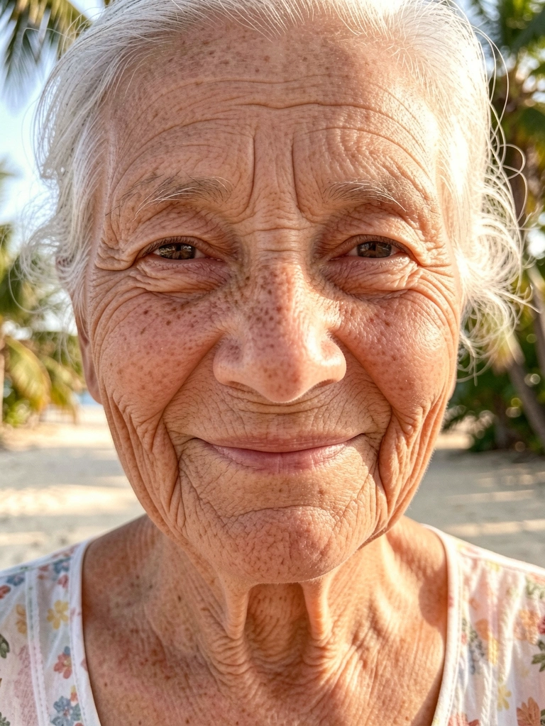 Close-up de senhora idosa com rugas profundas e sorriso sutil, luz natural difusa destacando texturas da pele, fundo desfocado com folhagens.