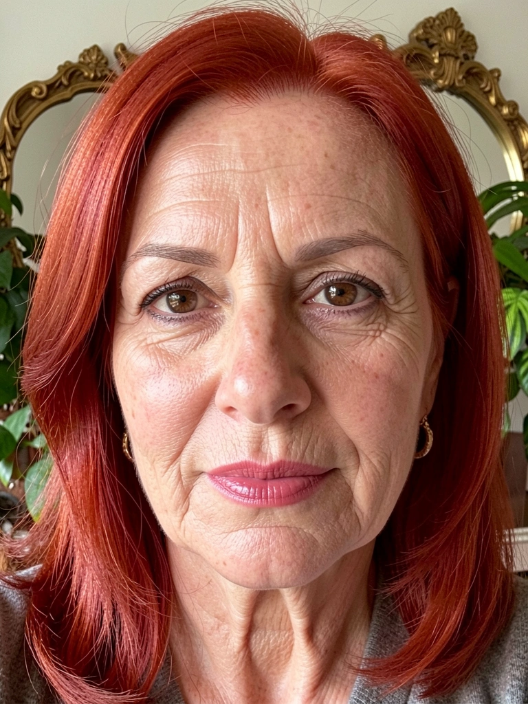 Close-up de mulher madura com cabelos ruivos vibrantes, pele com linhas finas, olhos castanhos, batom rosado, luz natural suave, fundo com espelho dourado e folhagem verde.