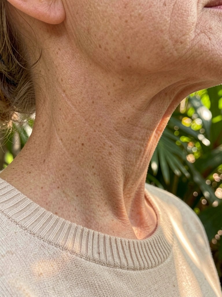 Perfil de mulher madura com pescoço alongado, textura de pele e rugas sutis, suéter bege claro, luz natural difusa com fundo de folhas desfocado.