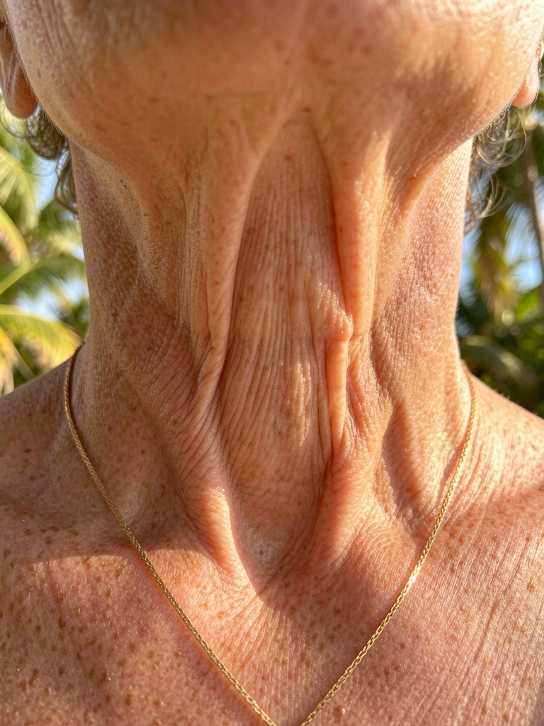 Pescoço de mulher madura com rugas profundas e colar de ouro fino, luz natural filtrada por folhagens tropicais.