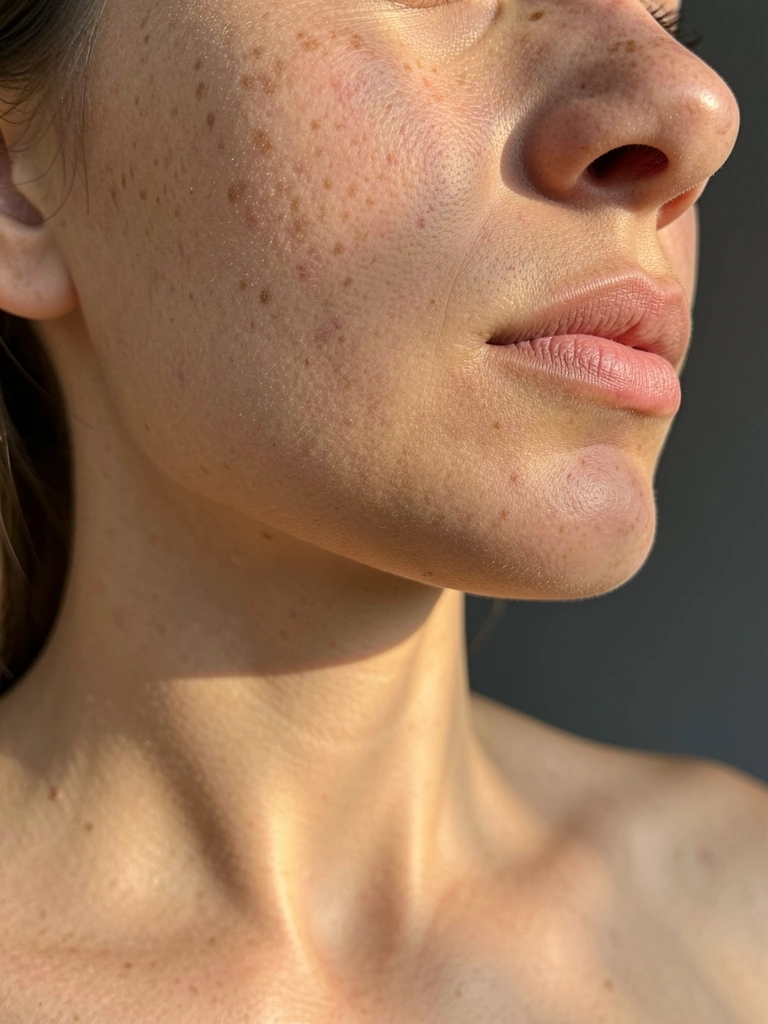 Close-up do perfil de uma mulher com foco no nariz e lábio superior, destacando sardas e textura da pele, iluminado por luz natural difusa com fundo cinza escuro.
