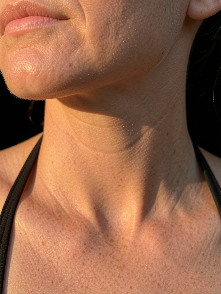 Close-up do pescoço e maxilar de uma mulher, decote halter destaca contorno e textura da pele, iluminação difusa e fundo preto.